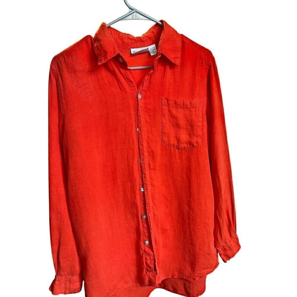 Chicos Design Red 100% Linen Button-Up Long Sleeve Shirt, Coastal Women, Beach 0